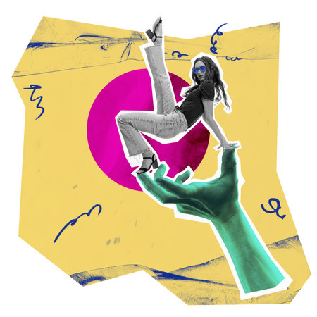 Contemporary art collage. Creative design. Stylish young girl dancing hip-hop of big make hand. Youth culture. Modern dancing. Concept of artwork, creativity, dance, lifestyle, party.の写真素材