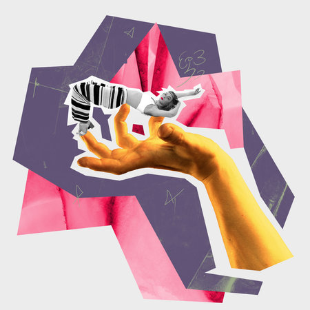 Contemporary art collage. Creative design. Stylish young girl dancing on giant male hand. Hippie lifestyle. Having fun. Surrealism. Concept of artwork, creativity, dance, lifestyle, party.の写真素材