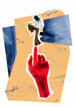 Contemporary art collage. Creative design. Stylish young woman dancing at giant hand element. Surreal party. Concept of artwork, creativity, dance, lifestyle, party, fun, surrealism.の写真素材