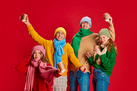 Young people, friends in winter clothes having fun together, posing isolated over red background. Party, festival. Concept of emotions, winter holidays, fashion, lifestyle, celebration, friendshipの写真素材