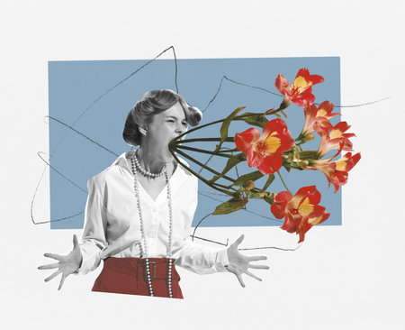 Contemporary art collage. Creative design. Young beautiful girl shouting with flowers appearing from mouth. Concept of surrealism, floral art, femininity, surrealism, psychology, emotionsの写真素材