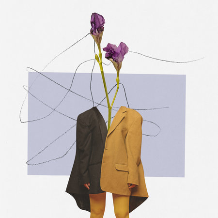Contemporary art collage. Creative design. Girl in stylish black yellow jacket and tights with blooming flower head. Concept of surrealism, floral art, femininity, surrealism, psychologyの写真素材