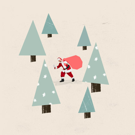 Creative design in pastel colors. Senior man, Santa Claus walking around trees on snowy forest with presents. Concept of winter holidays, abstract postcard art, celebration, winter season. Poster, adの写真素材
