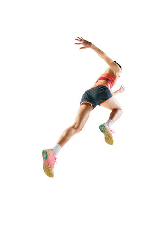 Back view. Sportive muscled woman, professional runner running away isolated on white background. Sport, fitness, competition, speed and active lifestyle. Copy space for adの写真素材