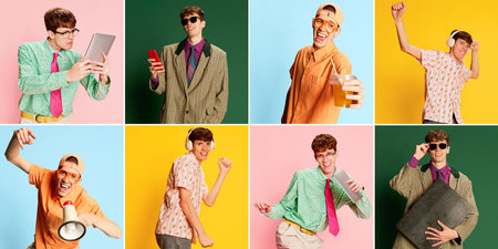 Collage. Portraits of young boy, student in different images and fashion styles over multicolored background. Positive emotions, diversity, happy lifestyle. Concept of retro style fashionの写真素材