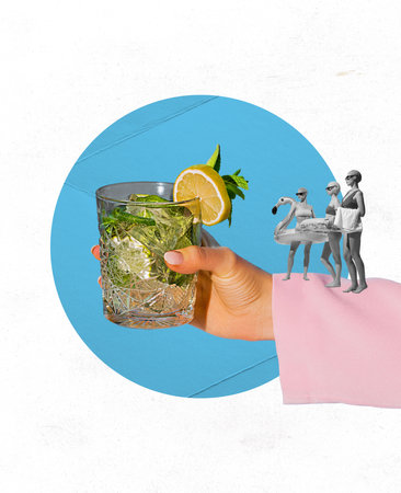 Summer beach party. Contemporary art collage. Female hand with mojito cocktail over light background with blue circle. Crumpled paper effect. Party, fun, surrealism, drinks. Poster for adの写真素材
