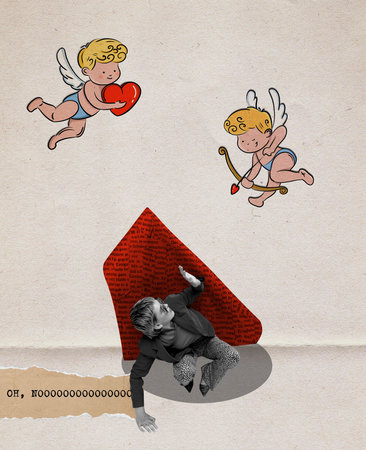 Young girl hiding from cupids. Creative design for greeting card for Valentines day holiday. Ideas,...