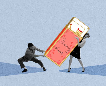 Younf man and woman with huge drawn box of matches. Creative design for greeting card for Valentines...