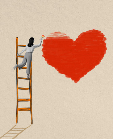 Young girl on staircase painting heart on wall. Creative design for greeting card for Valentines day holiday. Ideas, art, aspirations, emotions and feelings. Art collageの写真素材