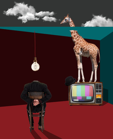 Dark room with anonymous and giraffe on retro tv set. Alone with your thoughts. Contemporary collage. Inspiration, idea, trendy urban fashion style. Copy space for text or ad. Surrealism. Posterの写真素材