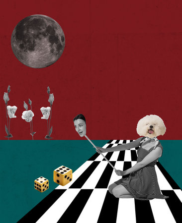 Modern art design, contemporary collage. Inspiration, idea, trendy urban fashion style. Copy space for text or ad. Surrealism. Games, gambling, hypocrisy and duplicityの写真素材