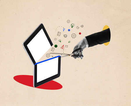 Contemporary art collage. Human hands in working process, active business lifestyle. Concept of business, career, employers, teamwork, cooperation, success. Copy space for ad, text, designの写真素材