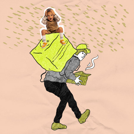 Conceptual creative artwork with drawn portrait of delivery man carrying big backpack with little boy sitting on it. Dreams, work, future, real lifestyle.の写真素材