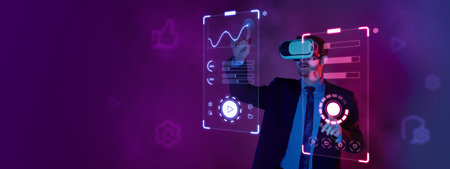 Manager, businessman in virtual reality headset with charts on screen projection over futuristic...