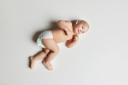 Aerial view of cute infant, little child baby toddler wearing nappy lying on floor with happy facial expression over light background. Happy childhood, family, care, and active lifestyleの写真素材
