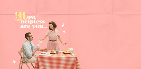 Contemporary art collage. Creative design in retro style. Cute loving woman, wife giving delicious sweets to her man. Caring couple. Concept of family, relationship, vintage, lifestyle.の写真素材
