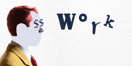 Contemporary collage with portrait of businessman with empty space instead face with word work. Concept of motivation, goal, professional growth, work process. Copy space for adの写真素材