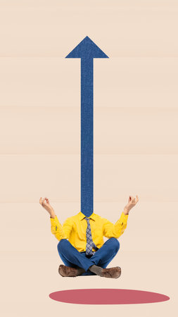 Contemporary art collage with man with huge drawn arrow instead head sitting in lotus position. Concept of self-control, endurance, calmness and mind health. Vertical flyer with copy space for adの写真素材