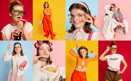 Set of young stylish girl portraits wearing diverse style outfits expressing different positive emotions. Art, fashion, youth, creativity concept. Collageの写真素材