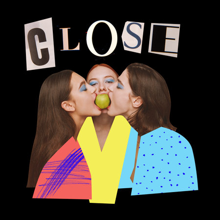 Friendship. Contemporary collage with group of stylish women over background with lettering. Concept of beauty, freedom, emotions, extraordinary fashion, modern style, youthの写真素材