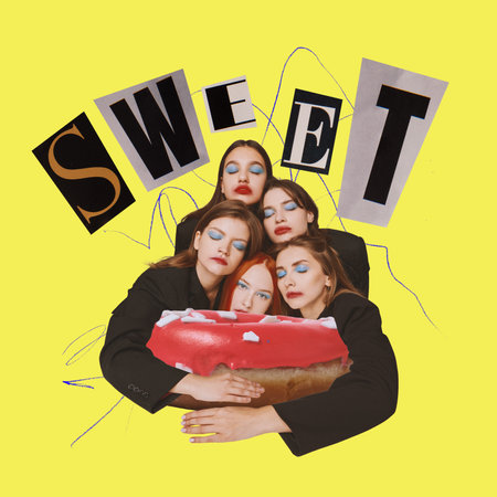Melancholy, longing, and love for sweets. Contemporary collage with group of stylish women over background with lettering. Concept of extraordinary fashion, modern style, youthの写真素材