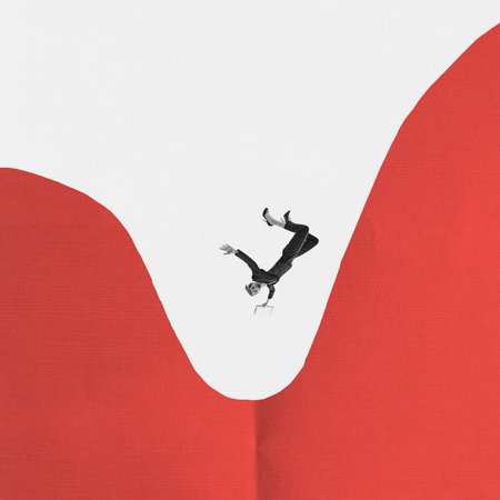 Contemporary art collage. Girl falling down into hole. Minimalism. Ideas, inspiration, motiovation. Concept of business, personal and professional growth, personality psychology, achievement and adの写真素材