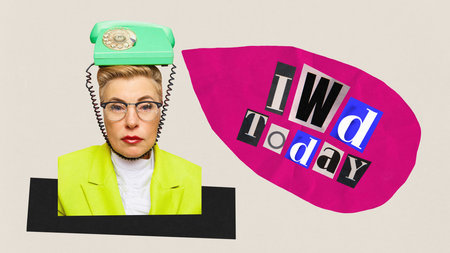Creative colorful modern art collage. Sad mature woman with retro phone on her head waiting for call. Concept of spring summer holiday, womens day for female rights, beauty.の写真素材