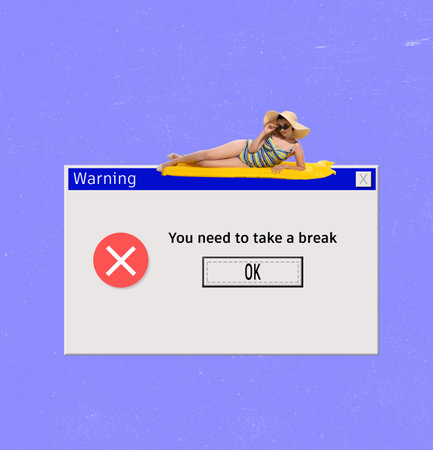 Time to relax. Woman into computer screen interface. Contemporary art collage. Retro, vintage style. Minimalism. Old-fashioned and modern technology. Social network, communication, relationshipの写真素材