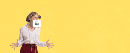 Young girl shouting. Mute mode. Contemporary art collage. Retro, vintage style. Old-fashioned and modern technology. Social network, communication, relationship. Banner with copy spaceの写真素材