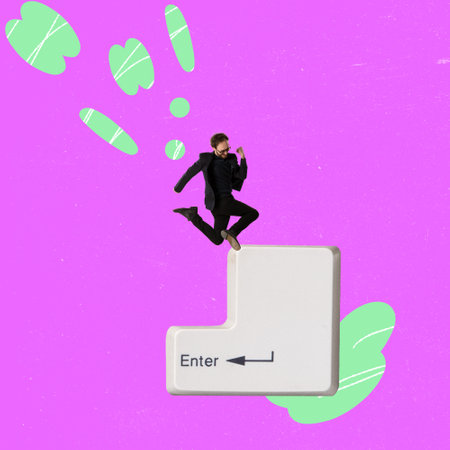 Contemporary art collage. Man jumping on huge keyboard button enter. Retro, vintage style. Old-fashioned and modern technology. Social network, communication. Banner with copy spaceの写真素材