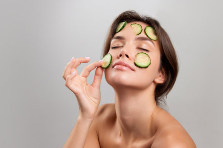 Vitamins. Close up beauty portrait of happy beautiful woman with bared shoulders applying face cosmetics products and looking with delighted facial expression isolated over light backgroundの写真素材