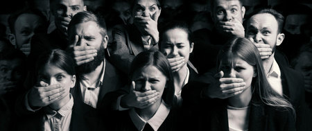 Fear, despair. Black and white portraits of young people with hands close their mouth and do not allow to speak. Human rights, freedom speech, censorship and social issues concept. Composite imageの写真素材