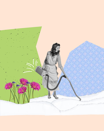 Young pretty girl with retro vacuum cleaner. Snow and flowers. Contemporary art collage. Concept of spring time, happy mood, comparison of seasons. Inspiration, creativity, ad concept.の写真素材