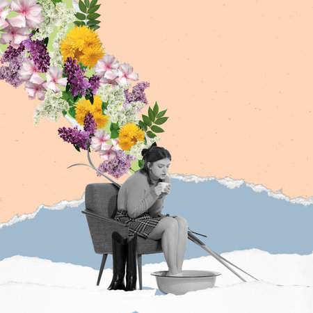 Sad girl sitting at home in cold weather and dreaming about warm spring time. Contemporary art collage. Inspiration, creativity, ad concept. Greeting card designの写真素材