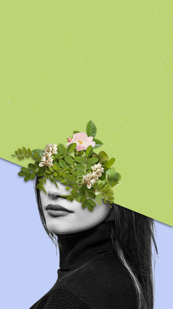 Contemporary art collage. Womans head with flower. Concept of spring time, happy mood, comparison of...