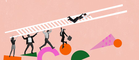 Support of colleagues. Contemporary art collage. Motivated and concentrated employees in motion, action. Concept of teamwork, support, professional growth and motivation. Business, finance, teamの写真素材