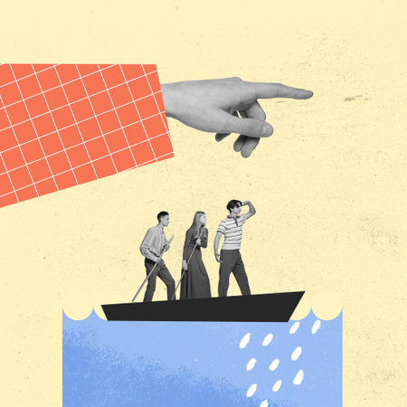 Business team moving in one direction. Contemporary art collage. Motivated and concentrated employees in boat. Concept of teamwork, support, professional growth and motivation.の写真素材