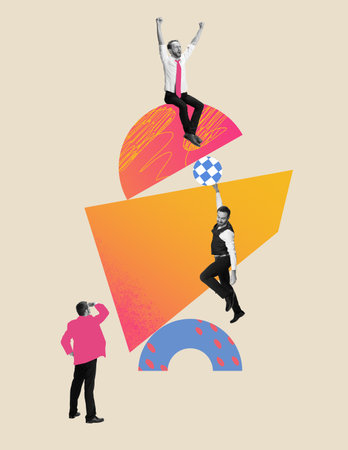 Contemporary art collage. Motivated and concentrated employees in motion, action. Concept of teamwork, support, professional growth and motivation. Business, finance, team and workの写真素材