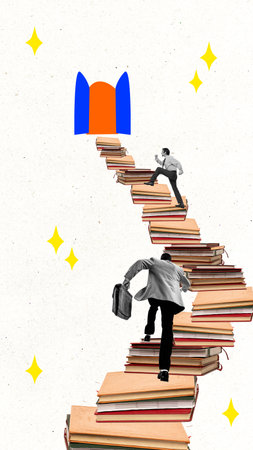 Contemporary art collage, modern design. Concept of education, self-development, personal growth, goal achievement. New ideas, inspiration, ad. Bright neon colorsの写真素材