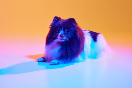 Studio shot of adorable groomed fluffy Pomeranian Spitz dog posing over colored background in neon light. Concept of animal health, beauty, vet, ad. Pet looks delighted, happyの写真素材