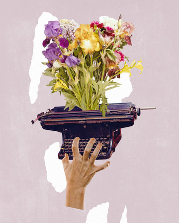 Contemporary modern design. Female hand typing on vintage typewriter with flowers over light background. Concept of journalism, mass media, art, news. Spring, summer moodの写真素材