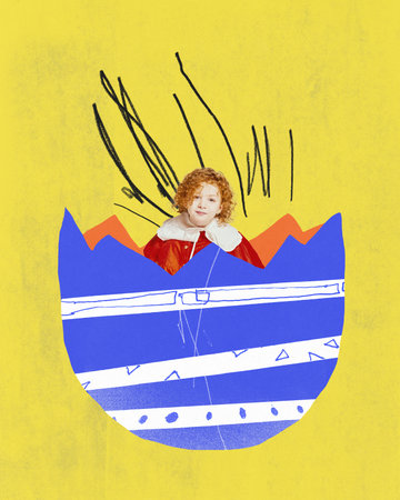 Little girl in huge drawn egg. Creative greeting card design for happy easter day. Concept of holidays, family, traditions. Contemporary art collage. Careless drawings technique. Copy space for textの写真素材