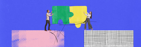 Teamwork and cooperation. Two people with huge pieces of puzzle. Contemporary art collage. Concept of support, success, business, new project, career, job, professional growth. Bright poster, designの写真素材