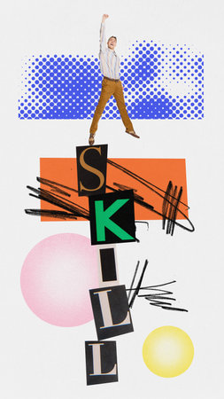 Winner emotions. Contemporary art collage. Young excited man jumping. Concept of teamwork, success, business, analytics, career, job and professional growth.の写真素材