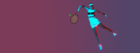 Studio shot of active professional tennis player training with tennis racket over gradient pink-purple background in neon. Concept of sport, health, strength, action, motion, lifestyle. Banner for adの写真素材