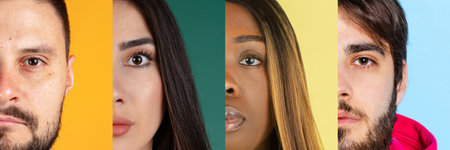 Collage. Half-faced portraits of young people, men and women looking at camera isolated over multicolored background. Concept of youth, emotions, facial expression, lifestyle. Horizontal bannerの写真素材