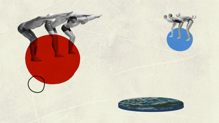 Teams. Contemporary art collage. Men and women in swimming suits getting ready to jump. Sport, summer sports, vintage fashion concept. Concept of summer, mood, creativity, imagiation, party, fun.の写真素材