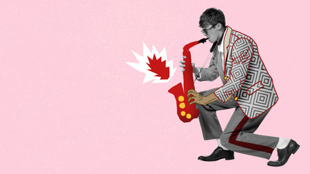 Black and white portrait of young stylish man expressively playing drawn saxophone over light pink background. Concept of creativity, retro style, music. Copy space for ad, posterの写真素材