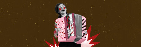 Retro music. Emotional young woman playing drawn accordion and singing. Live performance. Concept of...
