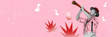 Contemporary art collage of young man in hat playing drawn trumpet over pink background. Concept of music, creativity, inspiration, imagination, ad. Spring, woman day, party conceptの写真素材